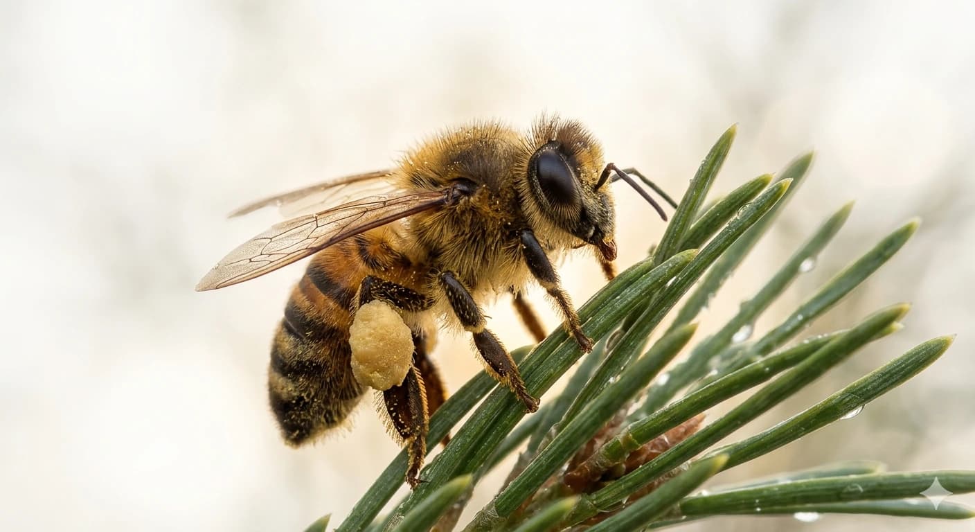 Une abeille posée sur une aiguille de pin, en gros plan, à Anglet.