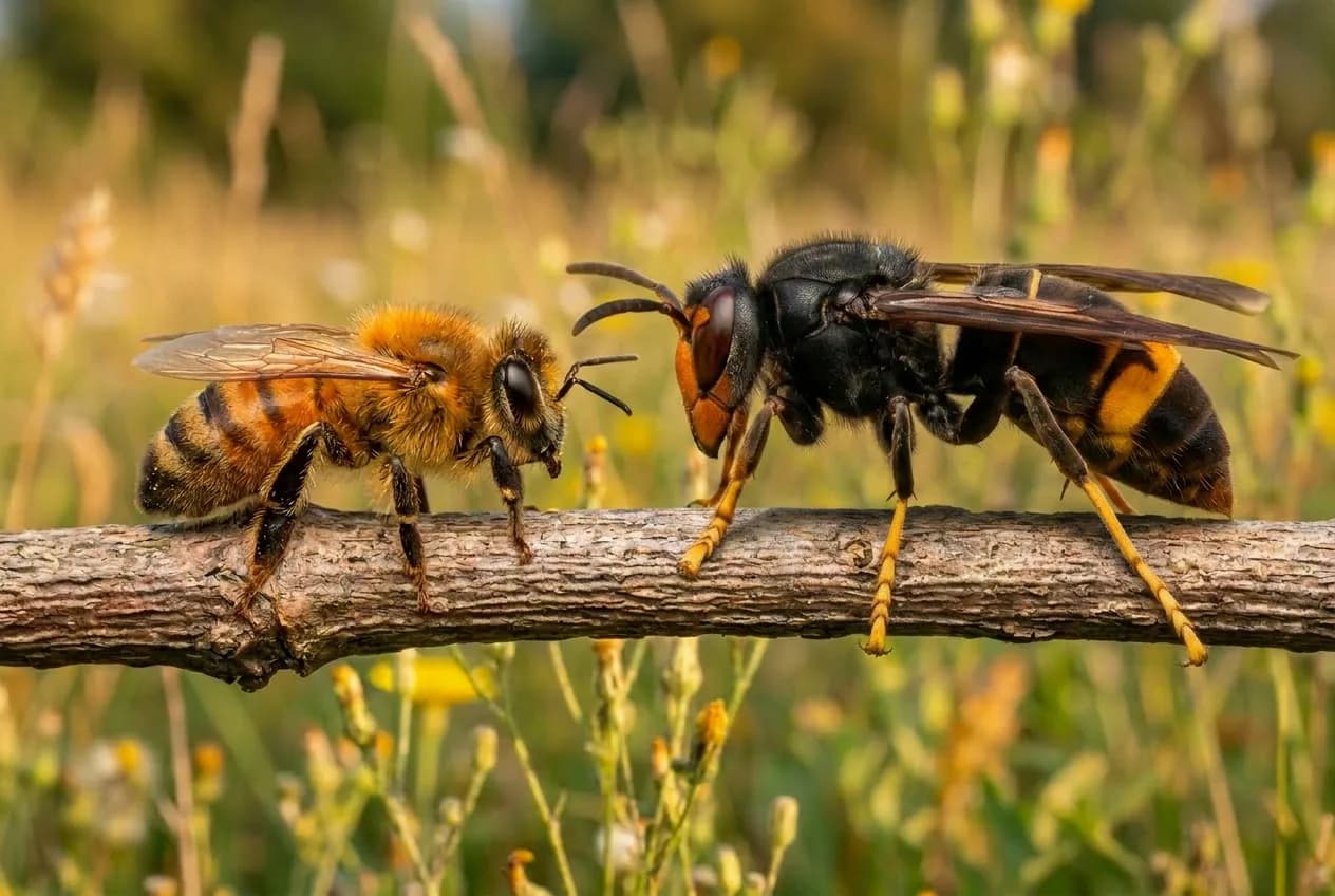 Comparaison sur une branche : à gauche une abeille domestique, trapue et duveteuse aux rayures ambre ; à droite un frelon asiatique, nettement plus grand, au thorax noir et à l'abdomen sombre cerclé d'orange, pattes à bouts jaunes.